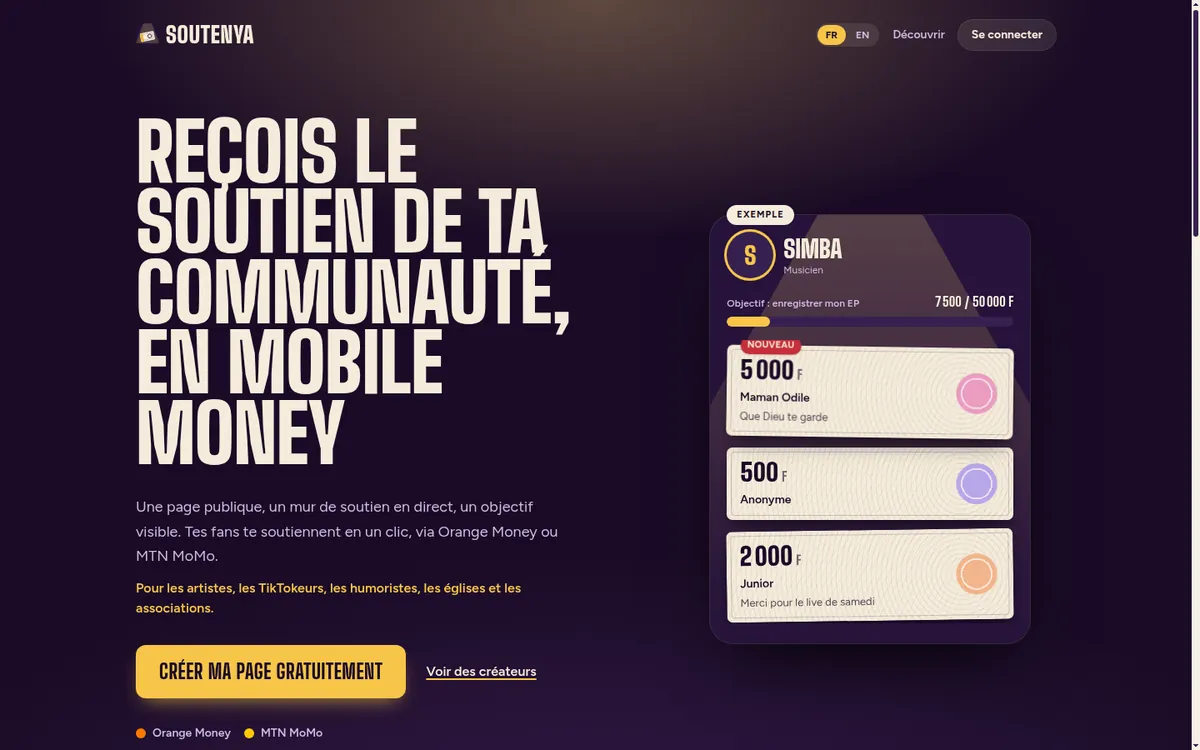 Page d'accueil de Soutenya